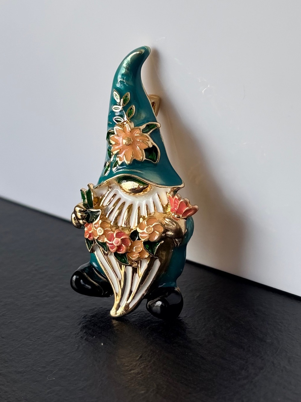 Teal Floral Gnome Enamel Brooch - Picture 3 of 5